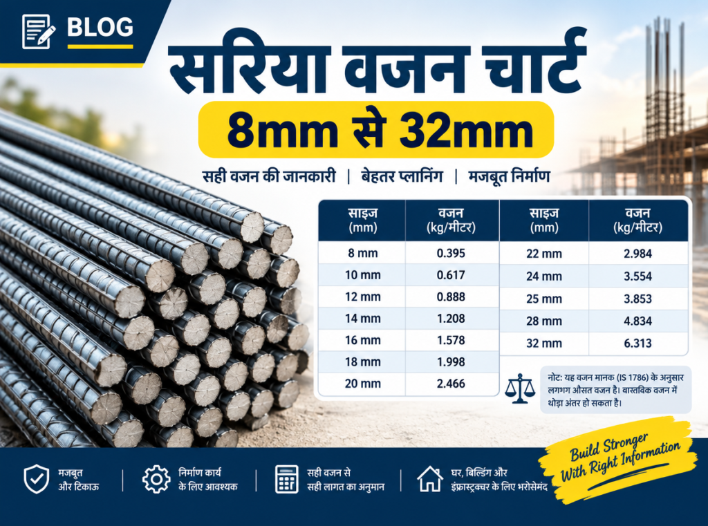 सरिया वजन चार्ट 2026: 8mm से 32mm TMT बार का वजन प्रति मीटर और प्रति पीस